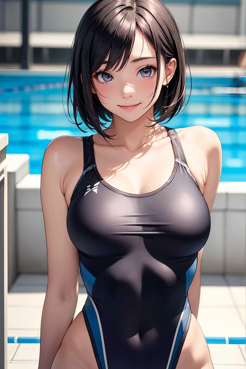 (((4K,masterpiece,best quality,ultra detailed,high resolution))),(daytime,clear weather,front light),((solo)),(beautiful woman,teenage),(black hair,blunt bangs,himecut),(detailed face,detailed eyes),(finely detailed skin,fair skin),light smile,(one-piece competition swimsuit),(on the beautiful lake side,beautiful sky),(medium breast,medium hip),sitting ,(legs up,spread legs,arms behind back),(an egg is in vagina,cameltoe),