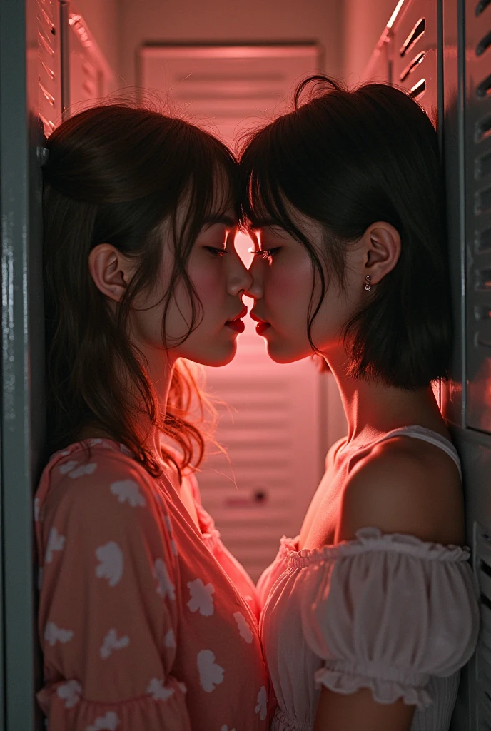 two women kissing with a pink neon heart behind them, wide shot, romantic lesbian kiss