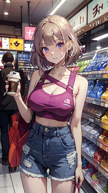 (masterpiece, Best Quality, ultra-detailed, high resolution, extremely detailed CG, official art, Professional Lighting, Perfect Anatomy, anime colors), (from below), looking at viewer, cowboy shot, perfect body, 24yo beautiful 1girl, medium hips, glamorous body,a small face,beautiful-makeup,Makeup light,Shortcut Hair,dark brown hair、Bust b Cup, Amazing Cleavage, thin waist, big ass, Raised sexy, big breast: 1.2 posed cleavage:1.2, (off shoulders,Sportsbra,legginullnude), micro denim shorts, bare legs, nail_polish, pale skin, Waiting friend, (morning:1.5), tokyo, (convenience store:1.3), outdoor, (depth of field:1.3), contrapposto, (Hold a coffee in your hand:1.3),delicate beautiful face, Bright magenta eyes, cute eyes, sparkling eyes, Big eyes, (big breasts:1.3), (perky chest:1.1), (pointed chest:1.3), looking at viewer,