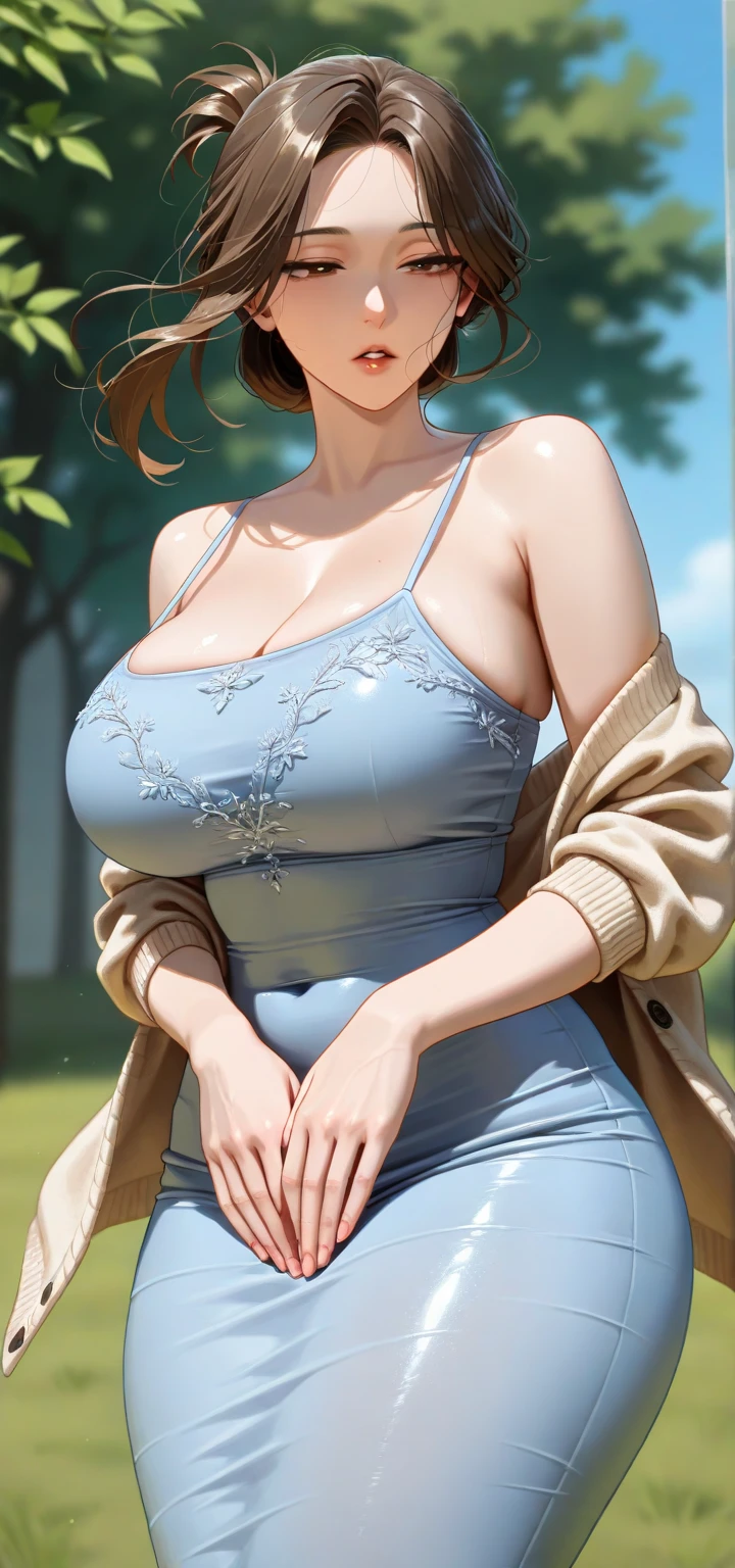 1girl, natural lighting, masterpiece, highly detailed, illustration, game CG, absurdres, high quality, aichan, (large breasts), beautiful detailed eyes, short hair, ponytail, bangs, glossy lips, garden, minidress, cleavage