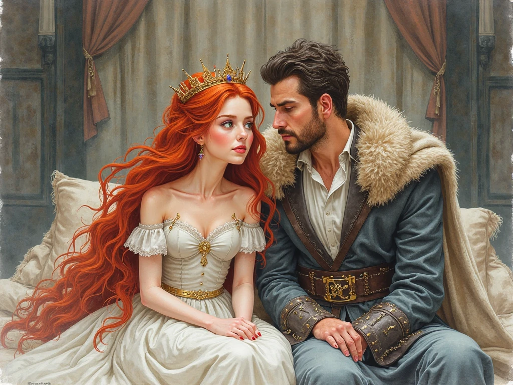 Cadre : dans une chambre royal sur un lit a baldaquin.
Femme : elle est assise sur le lit avec une chaine autour de la sa cheville pour qu elle ne s'enfuie pas Elle est terrifié elle a les cheveux rouges long et ondulés avec une robe blanche.
Homme:et assis a côté de la jeune femme et lui caresse les cheveux. Il a les cheveux noir et long c est un Italien son visage est rassuran6 il est habillé comme un seigneur du Moyen Age avec dans son fourreau une épée