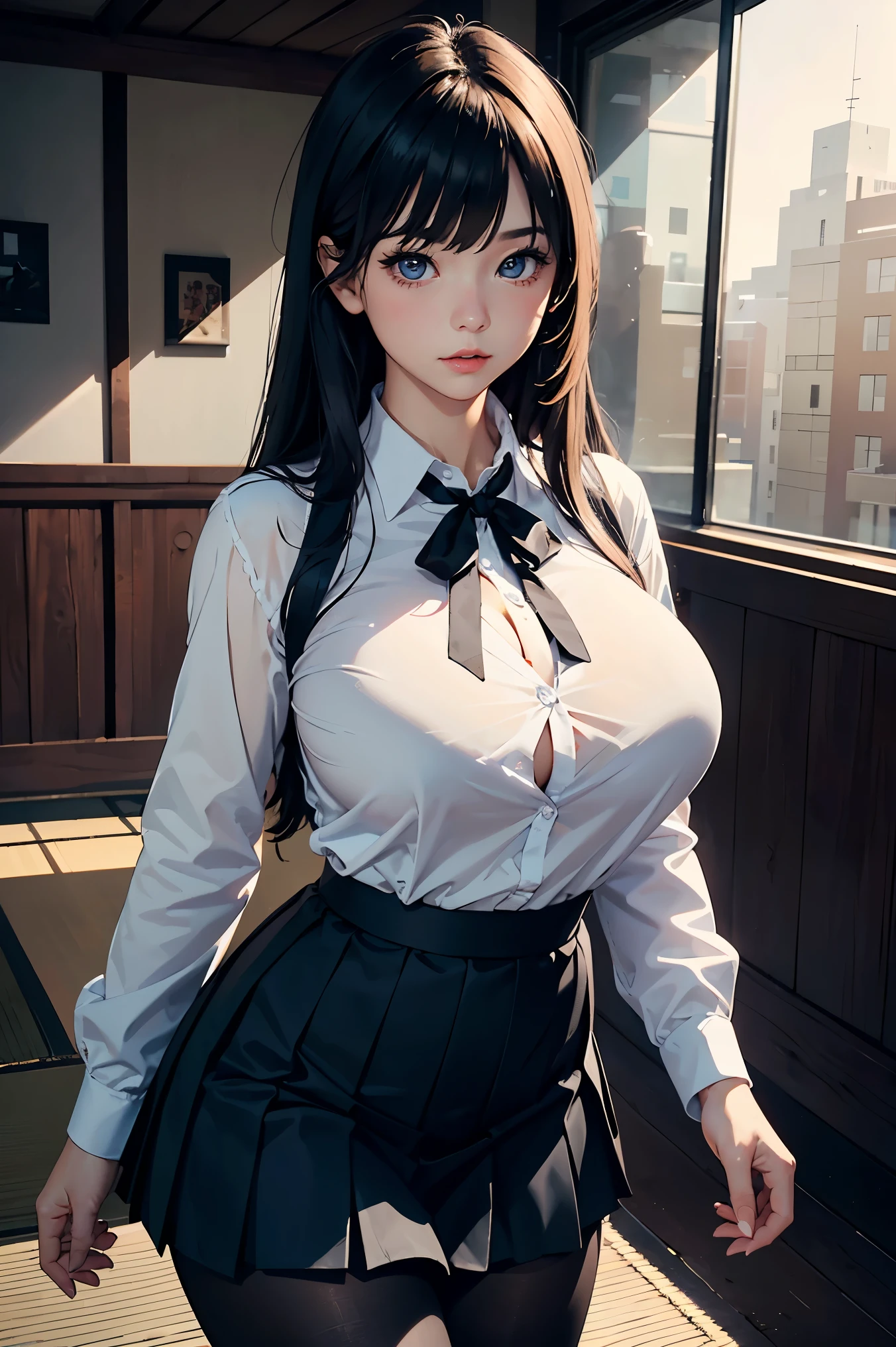 (masterpiece, Highest quality, Browsing Caution), Correct hand shape, Correct finger shape, Correct leg shape, Beautiful details fingers, Beautiful details hands, Beautiful details legs, Beautiful details, Beautiful details face, Beautiful details body, Beautiful details eyes, Professional Anime, Beautiful lighting, Ultra-fine illustrations, Glowing Skin, Beautiful details skin, From below, young, (JK Fashion Dark Blue:1), (Wearing a blazer:1.2), (Wearing a white shirt:1.3), (Black bra, Cleavage), Wear a pleated skirt, (The ribbon on the chest is blue...), (Hands down:1.2), (Are crying:1.2), (Ahegao:1.4), Big Breasts, Tight waist, ponytail, Black Hair, iris, (Men and women having sex:1.5), One person is sitting crouched down, (penis), (Pussy juice:1.3), View your audience