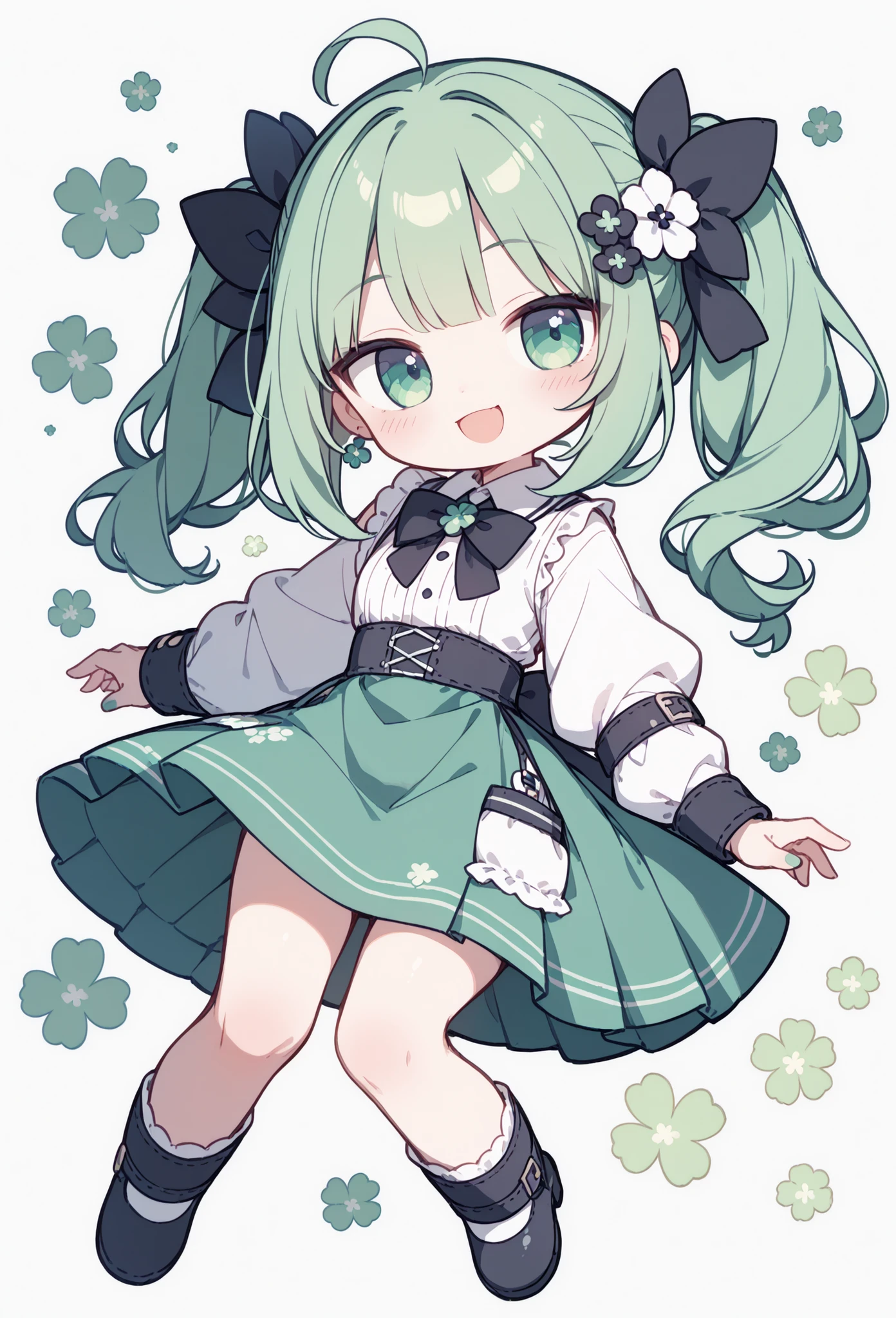 CartoonyIllustrious,chibi,green and white characters、 Fresh Colors 、clover background、Laid-back personality、cute girl、mascot character、emblem