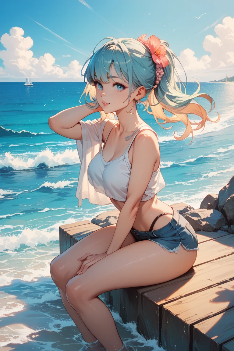 Super detailed magical beach illustration，Best Picture Quality，Masterpiece painting，quadratic element，Full body depiction，A girl with short white hair，wearing a white bikini，Expose your navel in the dazzling sun，Has clear cyan eyes，Lay on a beach chair，The background is a magnificent and boundless ocean，The horizon intersects with the mountains，White velvet clouds floated in the sky。Breeze in the wind，Through the reflection of the coconut tree，The sun shines on the golden sand。，Surrounded by lush palm trees。Birds soar freely in the sky，The plants emit a magnificent UV effect in natural light。The beach extends downwards，Steep cliffs form，A peaceful and serene view。