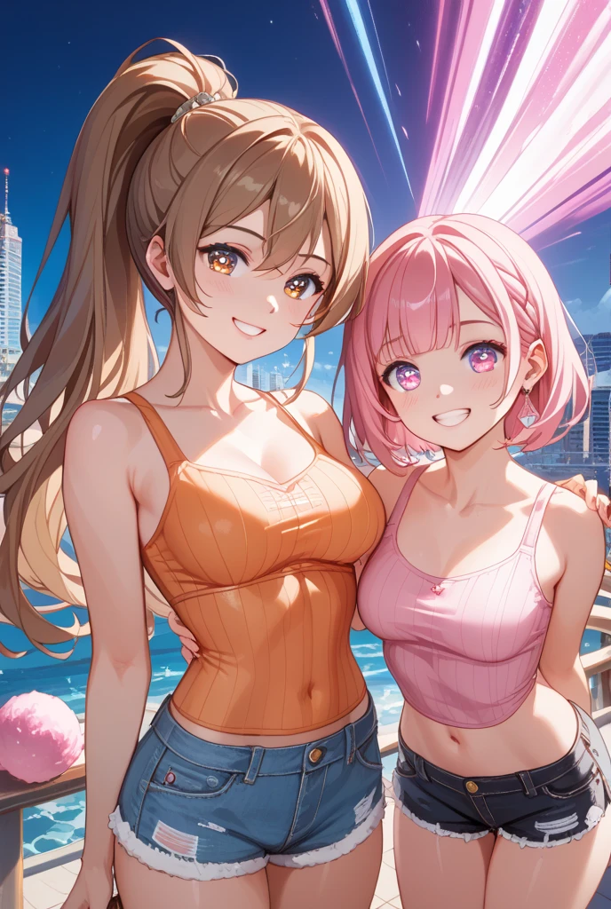 2 heads, a short pudgy woman with 2 heads. Outside on a city street. Wearing a tank top, wearing jeans. Neon hair. Young. Happy, smiling. Thin face. Sexy, seductive. Big lips. Adorable. Girlfriend. Happy. Shortstack, midget. Extremely short, tiny. High angle, looking up to viewer. POV handholding, holding hands with viewer.