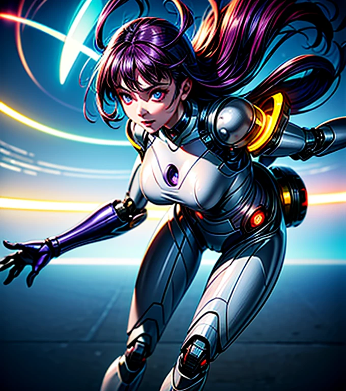4K, Masterpiece, highres, absurdres,natural volumetric lighting and best shadows,ballgown,a woman in a (mecha outfit,wearing edgMechaGirl cyber_armor,futuristic dress:0.9) , (wearing a ballgown:1.05),cyberpunk setting,metallic embroidery,cowboy shot <lora:NeonGown:0.88>