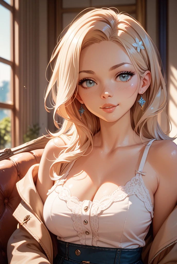 Pose: (masterpiece), (best quality), (detailed), light layer, 1solo girl, young girl, perfect body defined chest, defined collarbone seated with one hand gently resting on her neck or collarbone. Her fingers should be relaxed, creating a delicate and graceful touch. Her body can be slightly angled to highlight the gentle gesture, with her other hand resting softly at her side or on her lap.
Expression: Calm and introspective, with a soft smile or a thoughtful gaze that conveys a sense of reflection and self-awareness.
Attire: Elegant and refined outfit such as a Corset Flared Crisscross Strap Dress, Punk Sleeveless Dress that complements the serene mood.
Hair: Styled neatly, blonde straight hair, enhancing the reflection.
Makeup: Subtle yet refined, with a focus on eyes and lips to create a balanced and elegant look in both the reflection and the main image.
Background: A softly lit room with an elegant mirror, such as a bedroom vanity, a grand hallway, or a minimalist bathroom that adds sophistication to the scene.
Lighting: Soft, diffused lighting that illuminates both her face and the reflection, creating a gentle glow and emphasizing the duality of the image.
Accessories: Delicate and minimal, such as a simple necklace, a pair of earrings, or a stylish watch, adding a touch of elegance without overpowering the scene.
Props: Optional, such as a small perfume bottle, a brush, or a piece of jewelry placed on the vanity, enhancing the reflective atmosphere.
Mood: Reflective, serene, and elegant.