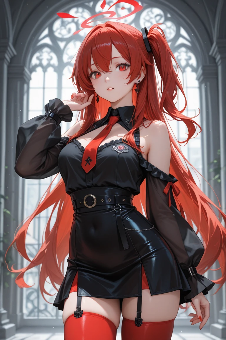 masterpiece, best quality, 1girl, balloon, bangs, bare_shoulders, blurry, blurry_background, breasts, eyebrows_visible_through_hair, fishnets, jacket, jewelry, long_hair, looking_at_viewer, necklace, red_eyes, red_hair, ring, smile, solo