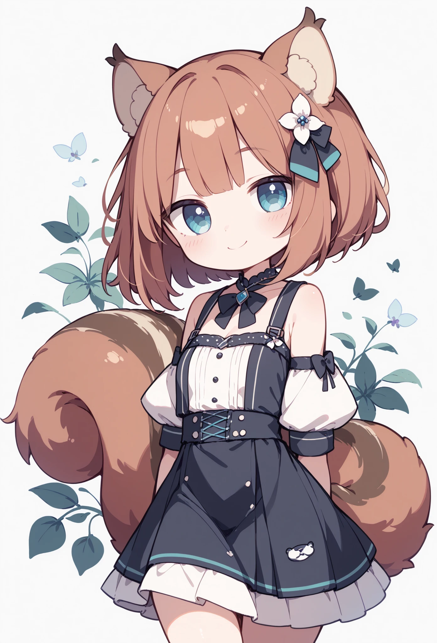 CartoonyIllustrious,chibi,  squirrel girl、 Hair、bob cut、Squirrel Ears、Squirrel Tail、acorn background、cute