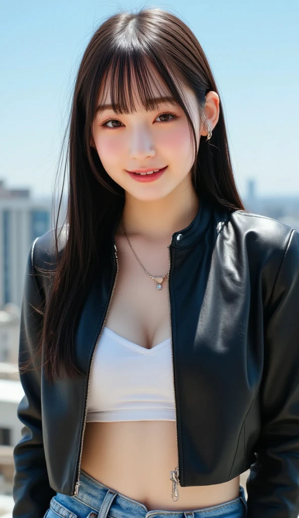 (masterpiece:1.3), (in 8K, Photorealsitic, Raw photography, Top image quality: 1.4), Japan high school girls、Wear a large men's jacket over a swimsuit、(Random hairstyles:1.2)、Super Detail Face、Eye of Detail、二重まぶた、Bring your chest together、light black hair、top-quality、masterpiece、超A high resolution、(Photorealsitic:1.4)、Highly detailed and professional lighting smile、swim wears、slender