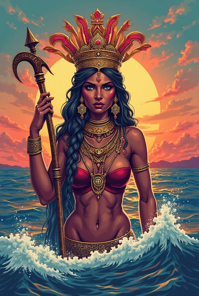 African goddess Yemanja, Coloring, The dominance of blue, Large of breast, perfect bodies, sketchbook, handpainted, darkly, bravery, realistic sketch, Rough sketch, A strong blend of dark colors and loose lines, Bold lines, Not paper, Turnover role table, half woman, Half-mermaid, full bodyesbian, African symbol, A symbol of water, Trash fish, dark themes, Beautiful, big breasts enchanting