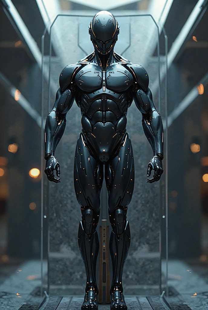 An ultrarealistic photograph of a futuristic full body power suit, made of black mate metal and polymer, full crystal hull, for a man, visible wires, imposing, modern minimalism, elegant, dystopia, mysterious, godlike, scary, in a dark room, 8k