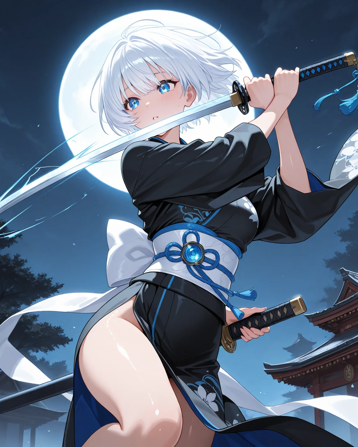 ((Highest quality)),((Very detailed)),(((Sword in both hands))),((Pale-white shining sword,Two-Way)), ((Open shirt)),((Night Town)), ((Blue mesh on hair)),masterpiece, Detailed face,Beautiful Face, Angle from below, (Fighting), ((ice,snow)),(Long-legged white shirt),((One girl)),((Blue Eyes,Dynamic pose)) , Rukia, Gray Hair, short hair, Hair between the eyes, Purple eyes, Small breasts,cold,I can see your pants,Shining Moon