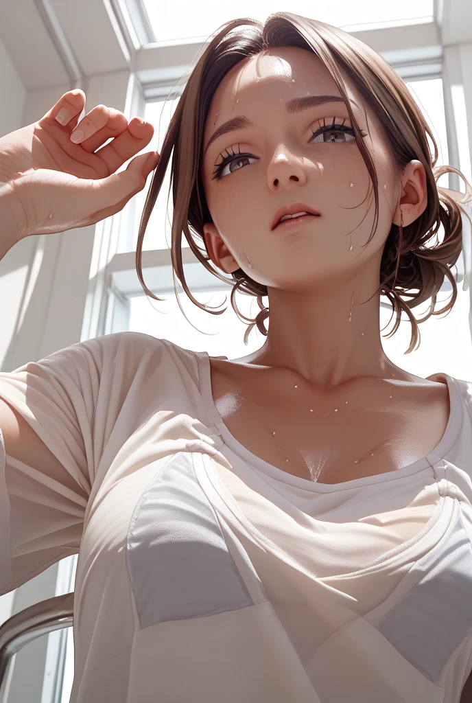 Photorealistic, masutepiece, Best Quality, Raw photo, 1girl in, Solo, Long hair, Brown hair, Detailed face, alluring face, Sweater that kills virgins, medium breasts, Dynamic Pose, Looking at Viewer, From below, Detailed background, fine detailed, intricate detailes, Ray tracing, depth of fields, lowkey, nffsw, naked portrait, nude photography, shiny nipple, show armpit , no clothes