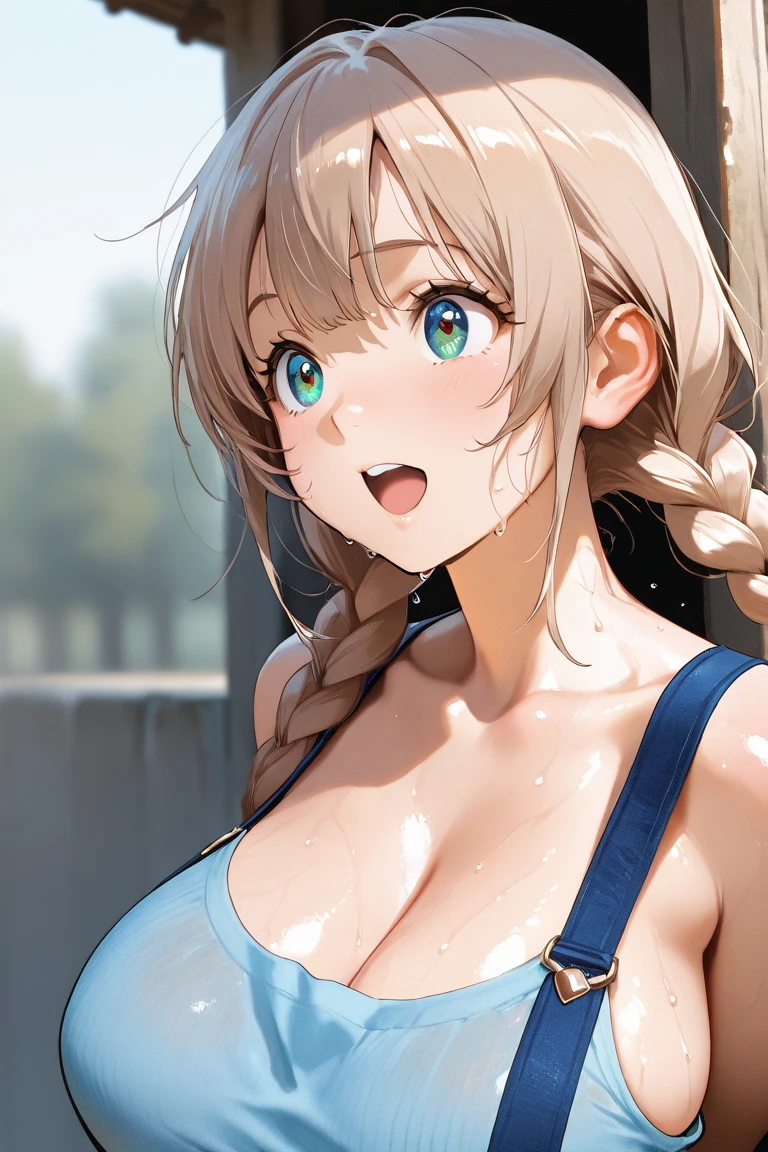 In 8K、Highest quality、masterpiece、Ultra-detailed、Ultra-high resolution、((1 person))、With a girl、Blonde、Braided hair、Clean river、Wet white dress、((Wet your hair))、Wet skin、((Water droplets fall))、Spread your arms wide、Big soft breasts、Laughter