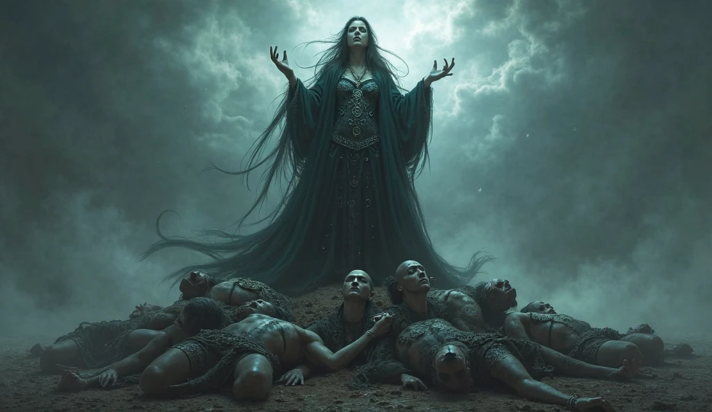 Goddess Hecate Goddess of magic, witchcraft, the night, moon, ghosts and necromancy fights against a blonde, screaming Christian woman falling to the ground holding a bloody meat.