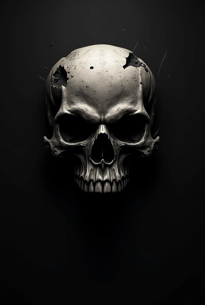 create an artwork in just white with a black background of a skull head looking forward, that the two eyes appear on the left side normally and from the middle to the right side disintegrating