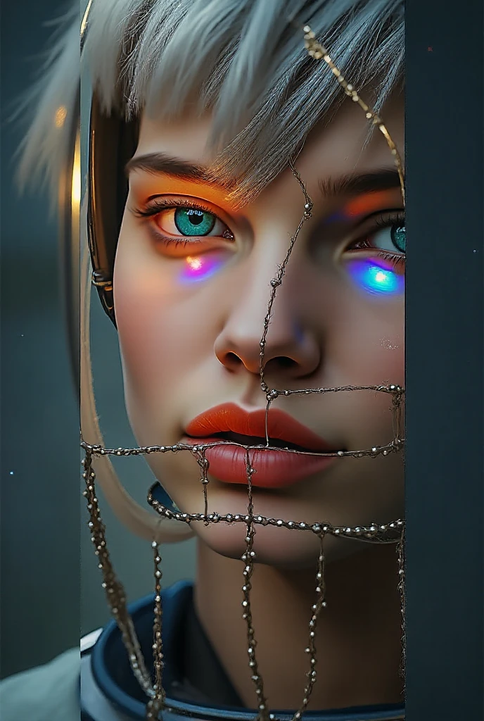 helplessly entangled in the spider's web(long lavender colored hair with a single braid accent),(grey colored eyes),(youthful freckles over nose), (anime) in bar, (choker necklace), (mischievous troublemaker), (sh44r) ,(bar setting). (best quality, 4k, highres, masterpiece:1.2), (ultra-detailed), (realistic, photorealistic:1.37), (vivid colors), (portrait), (bokeh), (soft lighting) full body photo,spider web,cocoon,red gag