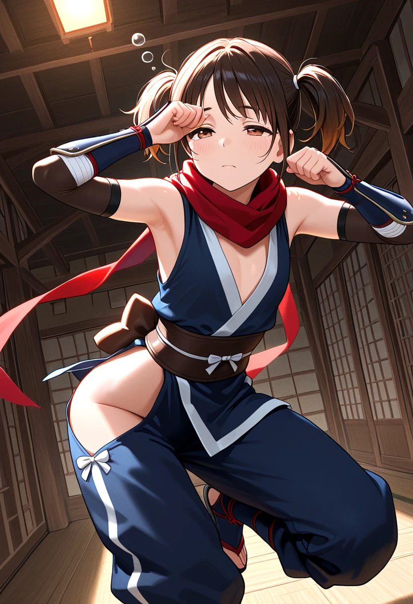 <lora:MayanClothes:0.8> mayan clothes, cowboy shot,, absurdres, ultra detailed, masterpiece, best quality, aesthetic, detailed,, solo, frown,
1girl, red eyes, <lora:Tsurime3:1>, (tsurime:1.2), (brown hair:1.3), medium hair, (asymmetrical bangs, swept bangs, cowlick:1.35), flipped hair, <lora:foldedponytail:0.8> foldedponytail, folded ponytail, (small breasts:1.3),, fingerless gloves, shimenawa hair tie, sleeveless turtleneck, crop top, groin, (shimenawa:1.3), (shimenawa sash:1.3), (overskirt:1.2), shorts, flats, bandages, bandaged arm, bare legs, navel,