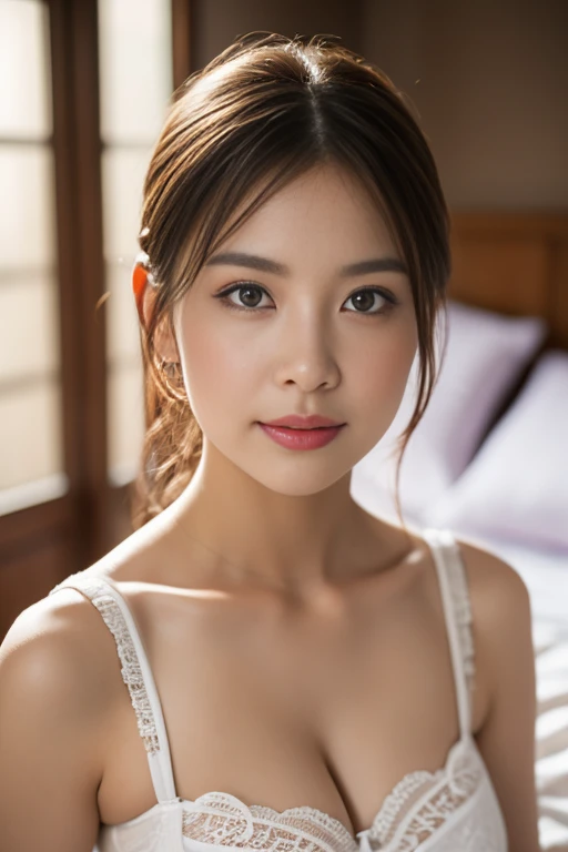 Highest quality、Ultra-high resolution、(Realistic:1.4)、((Cute patterned underwear))、Beautiful Eyes、blonde、Brown eyes、Beautiful breasts、Fine skin、Thin pubic hair、Browsing Caution, 8K quality, 8K Ultra, 10x more pixels、Highly detailed cute face、Detailed lips、Beautiful Eyes、double eyelid、Natural Makeup、(Kind eyes)、Cinema Lighting、(Very cute girl)、Perfect balance、Small tangled naked short hair、Beautiful nipples、With a smile、Bedroom at night、