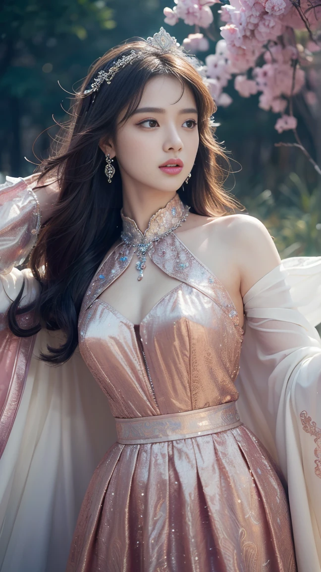 4K, UHD, Masterpiece, 1 girl, good face, detailed eyes, ((very long hair)), bridal hairstyle, butterfly on hair, ornaments, crystal ornaments, jwellery, block print dress, ((pink dress)), very detailed dress, strap dress, flowing cape, mesh stocking, cinematic unreal scenery, legendary scenery, rainy weather, wet ground, depth of field, ray tracing, bloom, god rays, lens flare, sun flare, cinematic pose,