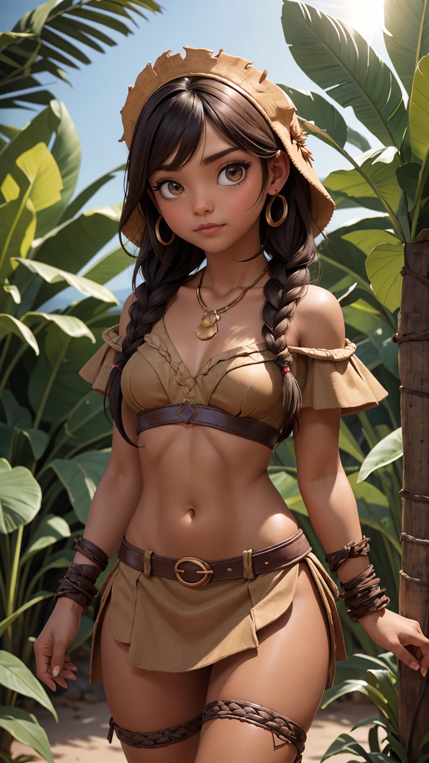 {{full color}}, {{medium shot}, tight framing}, (side by side), {(three) (young american indian girls), anime style, petite, cute}, {wearing (earthy color bikini lingerie), (long gloves), (cotton scarf), (feather headdress)}, evil smile, (hair tied up), (looking viewer), {slender figure, prefect anatomy}, {arms behind back, hidden hands}, {(face paint), (body paint), lot of (tribal tattoos)}, (skin pores, skin texture, subsurface scattering), (absurdres), (masterpiece, best quality, ultrafine), (hyper detailed, beautiful face detailed, insanely skin detailed, insanely resolution detailed, ultra texture, perfect face detailed, sharp focus, dehazed, clarity, sharpened, octane render, unreal engine, low iso, crisp edges), (cinematic color grading, photorealistic, ultra-realistic, sunny daylight landscape, natural lighting, hdr), (dof, bokeh, atmospheric)