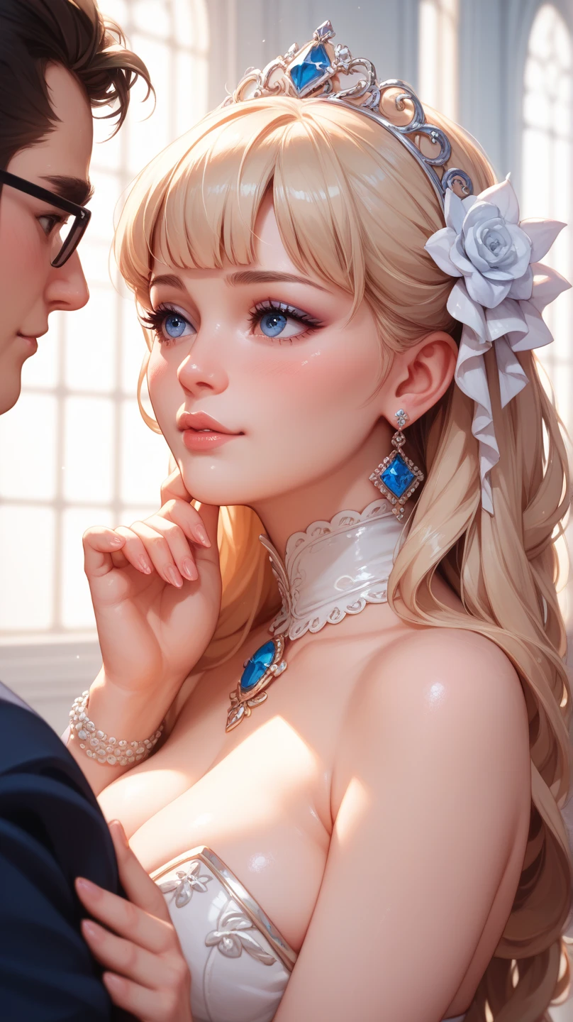 (Ultra-high resolution:1.2),(highest detailed and skin:1.3),(Extremely detailed and beautiful eyes:1.2),transformation、(((1人のBlonde美女 and 1人,A woman in love and a fat man,Fat man groping woman&#39;s breasts 、A beautiful, cute girl hugs a fat man and has her breasts touched、Princess)))、((A beautiful and cute woman having her breasts massaged by a man))、Blonde:1.3、Long Curly Hair、Large Breasts、Expose、乳首はExposeしている、Rin々Funny face、shame、Light green eyes、Princess、A gorgeous dress with white frills and lace、Lace gloves、tiara、Mini skirt in front、Long skirt at the back、Black Lingerie、Browsing Caution, Please open your mouth wide、blush、Embarrassing、white silk lingerie、(Breasts being massaged vigorously by a man)、hand in panties、nsfw:1.9