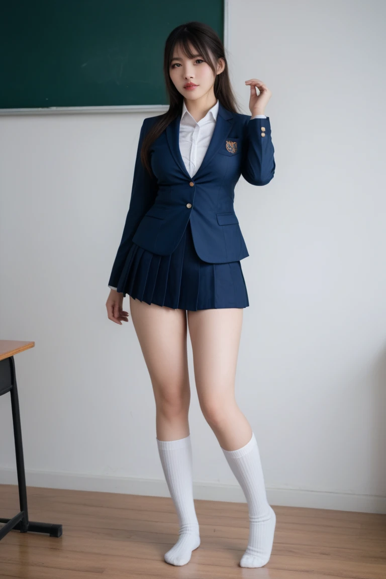 beautiful and delicate girl, very detailed eyes and face, beautiful detailed eyes, huge file size, very detailed, high resolution, very detailed, best quality, masterpiece, (((school classroom)), (((simple blazer))), (((pleated skirt))), (((The skirt and tie pattern are check patterns....:1.3))), very detailed, CG, 8K wallpapers, amazing, fine details, masterpiece, ((best quality)), very detailed CG uniform 8K wallpapers, my face shines, cinematic lighting, 1 woman, 16 years old, (((dynamic pose))), (camel toe), (half), (((White panties))), ((pantyhose)), ((Sit with your knees bent and your legs crossed..)), ((whole body)), (((Spread your legs and expose your panties...:1.4))),