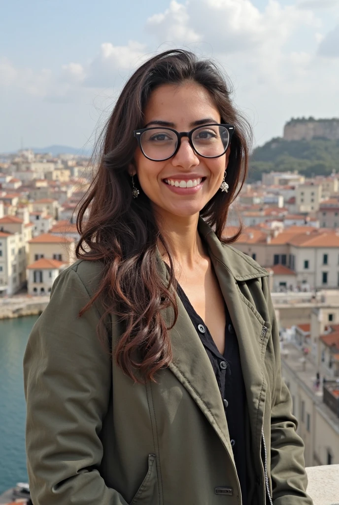Caseyli, 1girl, solo, 30 years old, (((Georgian face))), (((Georgian nose))), (((Georgian lips))), ((((chubby)))), (((wide hips))), (dark blonde hair), wavy medium hair, wearing stylish Generation Z wear, ((Background: rugged coastline)), standing, smiling