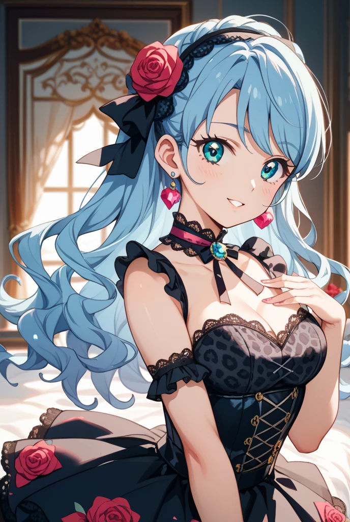 Anime Moe Art Style,highest quality,High resolution,Anatomically correct,One Girl,Mid-teens,A girl with light blue hair in a ponytail,Super detailed,Fantasy World,Girly fashion,Big Breasts,A rich expression,Laughing with your mouth open,Choosing clothes in front of a full-length mirror,Eyes drawn in detail,hair ornaments,necklace,bracelet,ring,8K
