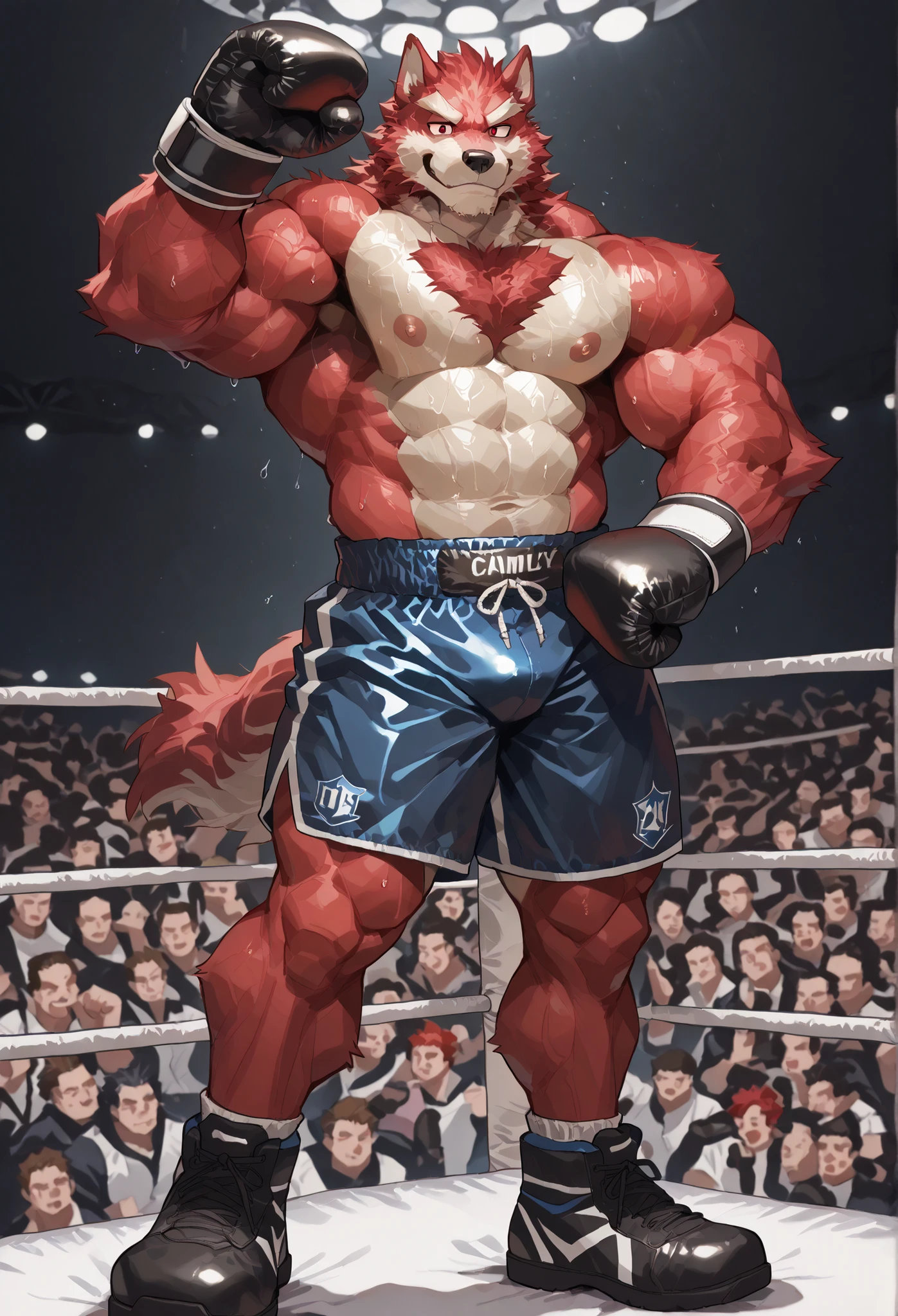 4K, masterpiece quality, pov_boxing, Looking down on the losers, black boxing shoes, dark navy boxing gloves, navy black boxing shorts with gold side lines, bulge, full body, depth of field, boxing, proudly pose, hands on hips and one arm raised pose, boxing ring background at midnight, diederich olsen, wolf heavywait boxing champion, gay, furry male, red fur, red eyes, red public hair, bulging heavy muscular, thick veiny arms, carmly looking down on loser, carmly expression, proudly smile, bedroom eyes, large pectorals, sweaty body, Angle of the loser looking up from directly below,