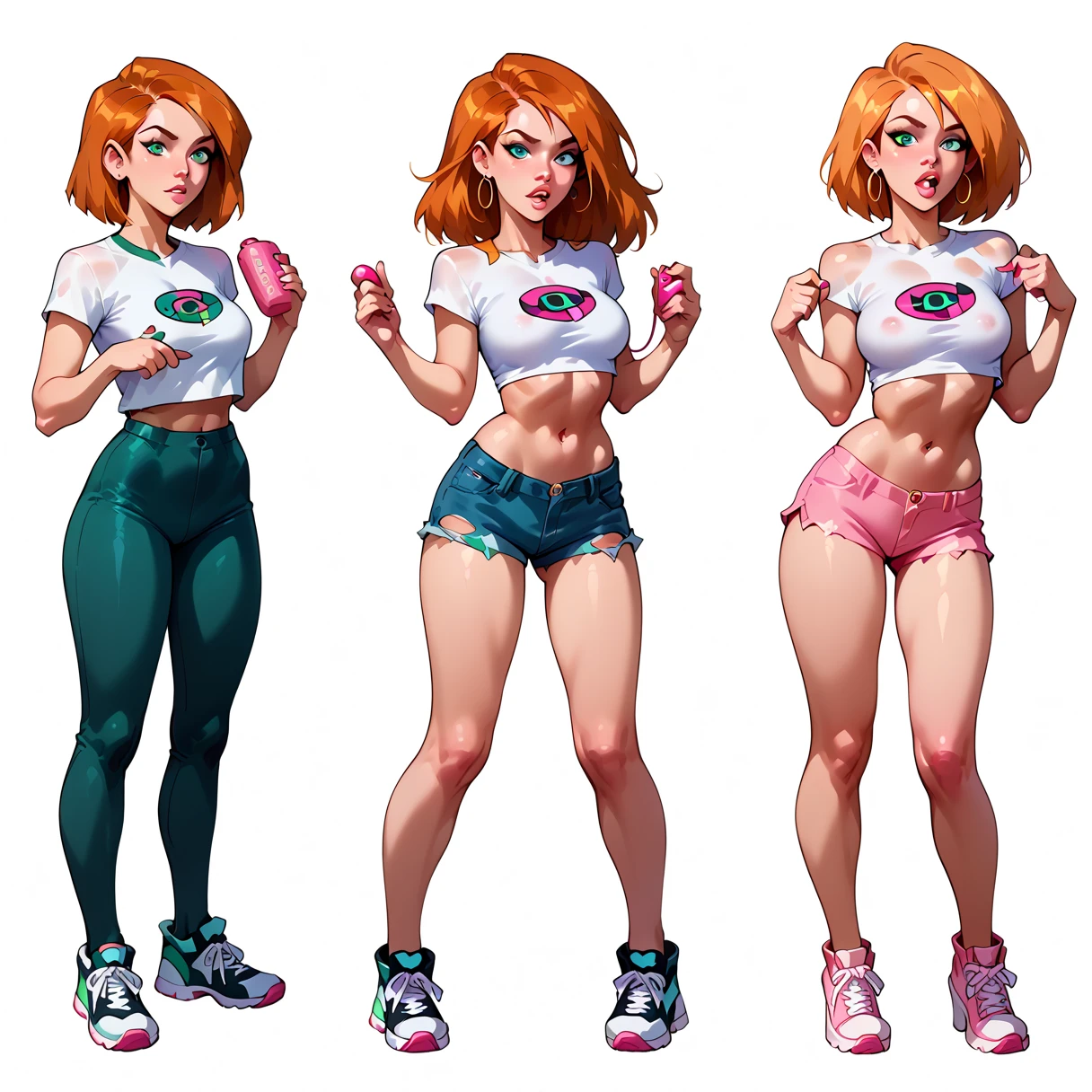 Sexy woman, short orange hair, blue sports bra, black shorts, tiny shorts, soandex shorts, tight shorts, knee high socks, black socks, sneakers, illustration, full body, pin-up