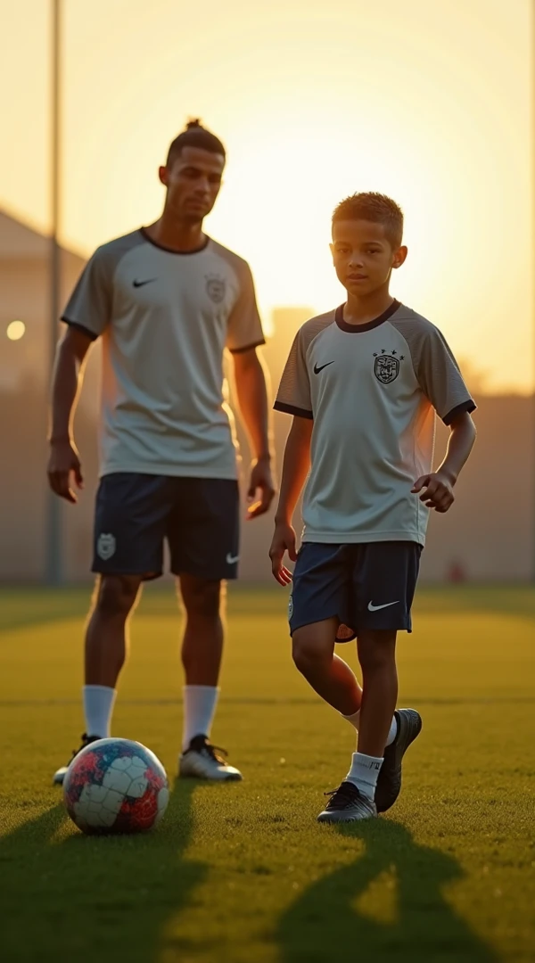 menino, 4 anos de idade, cabelos castanhos de pele branca e olhos castanhos, camisa vermelha e bermuda branca. Standing with open arms in a football stadium.