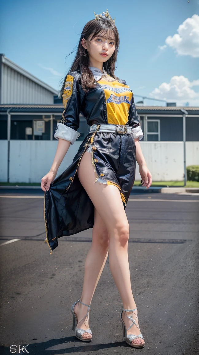 realistic, 1 women, best quality, 12k, HD, long hair, big round breasts, cleavage, ponytail, necklace, jewelry, shorts, short jacket, slim hips, hair tie, yellow eyes, black hair, super detailed, Eye details, hair details, person details, mouth details, face details, breast details, clothes details, hair details, pants details, hand details, whole body