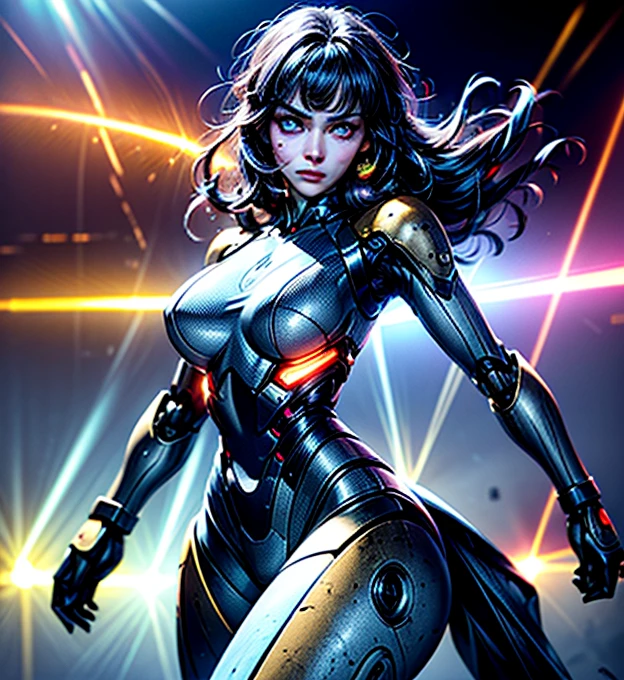 ((Best quality)), ((masterpiece)), (detailed: 1.4), (Absurd), furious princess, ((action pose)), (((woman with all-black graphite-colored skin)))), ready for war, black kinetic skin with exposed black muscles, hot woman, sculptural body with defined muscles, closed mouth, muscular body covered by a micro bikini, whole body covered by gold stars, ((medium breasts)), (eyes with heavy and very black makeup without pupils), (((short black hair style colonel Motoko)), (stars covering the body), ((drawings of golden stars on the arms)), very long eyelashes, heavy eye makeup, lots of jewelry, by mucha, niji --V5, close to real, psychopathic, crazy face, sexy pose, background with a giant Gundam style robot head, 2 piece clothing, pastel, centered, scale to fit the dimensions, HDR (High Dynamic Range),Ray Tracing,NVIDIA RTX,Super-Resolution,Unreal 5,Subsurface Dispersion, PBR Texture, Post-processing, Anisotropic filtering, Depth of field, Maximum clarity and sharpness, Multilayer textures, Albedo and specular maps, Surface shading, Accurate simulation of light-material interaction, Perfect proportions, Octane Render, Two-tone lighting, Wide aperture, Low ISO, White balance, Rule of thirds, 8K RAW, crysisnanosuit