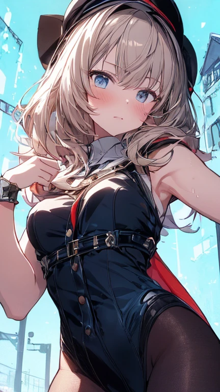 1 girl、Blonde Hair、blue eyes、smile、黒のLeather harness、Body Harness、strap、Leather cuffs、革のfirst round。Leather harness、Body Harness、strap。Body Harness、革のアームstrap、太ももstrap、Thigh belt、Leather cuffs、革のstrap、first round、(No.、Nipple rings)、Body Harness、Subway cars、Hair Flowers、Kick、見る人へのKick
