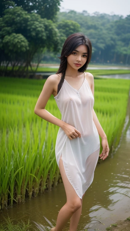Full body nude photo, beautiful chinese girls, 25 years old ,super model,cute face,full make up ,long straight hair , big brown eyes, high nose , medium breast , slender body ,170 cm tall, absolutely nake,nude ,paint body with flower ,standing in the forest, heavy raining ,body wet ,turn body toward the viewer