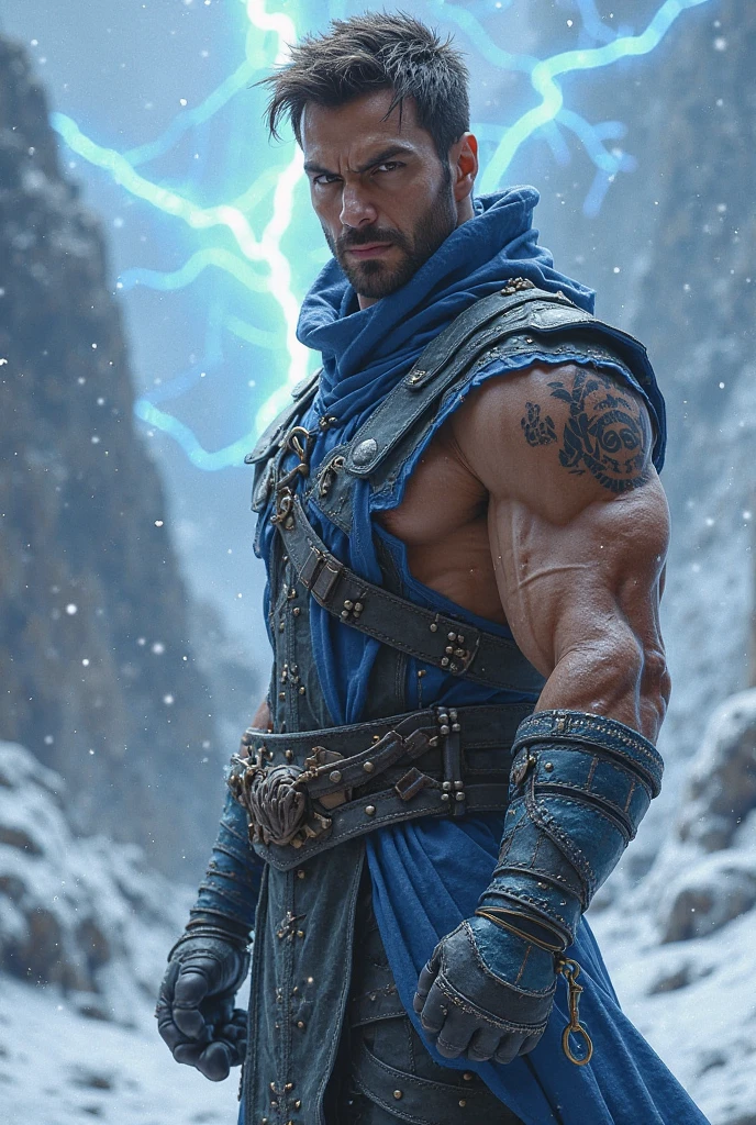 Sexy thin muscular wizard with big crotch bulge in the cold snow storm, muscular wizard in the cold snow. Men in sexy magical underwear. Sexy wizard male. Wizard with a big dark powers. Hairless handsome man fighting in the snow. Wizard with shiny tattoos in his arms and a shiny king crown. Sexy slim underwear.