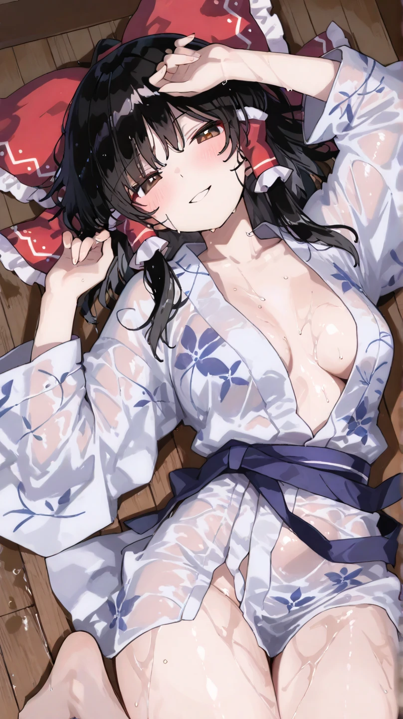 top-quality、Precise depiction、a picture、One beautiful black-haired woman、38 years、Eyebrows of the same color as the hair、Sleeping in a snow-white bed、No Underwear、Spread your legs wide from side to side、Show off the inside of the thigh、Yukata gets wet with sweat and sticks to the skin、1 white thin see-through yukata、very large breast、The color and shape of the tip of the chest is visible 、You can see the color and shape of the areola、Looks a lot of pubic hair、The entire chest shows through