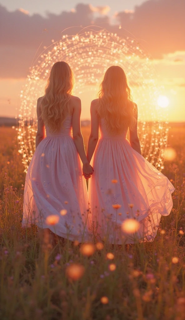Uma foto de paisagem ampla (vista de baixo, The sky is above and the open field is below), Mother and daughter holding hands standing in a field of flowers looking up (lua cheia: 1,2), (meteoro: 0,9), (nebulosa: 1,3 ), montanhas distantes , Árvores BREAK Crafting Art, (Luz Quente: 1.2), (Vaga-lume: 1.2), Luzes, Muito Roxo e Laranja, Detalhes Intrincados, volumetric lighting BREAK (Obra-prima: 1.2), (Melhor Qualidade), 4k, Ultra Detalhado, (dynamic compositing: 1.4), Rico em Detalhes e Cor, (rainbow color: 1.2), (Brilho, Atmospheric Illumination), Sonhador, magica, (Solo: 1.2)