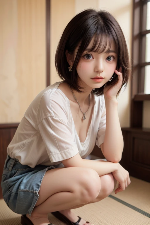 ((sfw: 1.4)), detailed face, cute face,brown eye, master piece , best quality, matured woman face , squatting , blouse , japanese , room , indoor