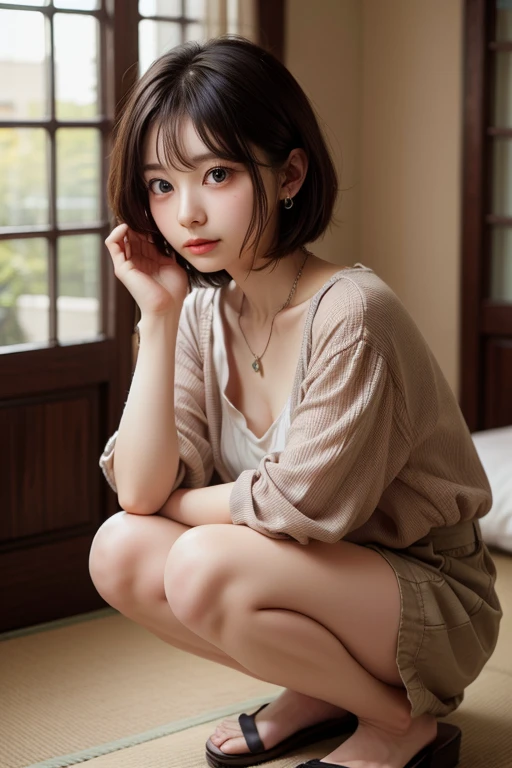 ((sfw: 1.4)), detailed face, cute face,brown eye, , extra short hair, sidelocks-hair, master piece , best quality, earrings, necklace, matured woman face , squatting , blouse , japanese , room , indoor