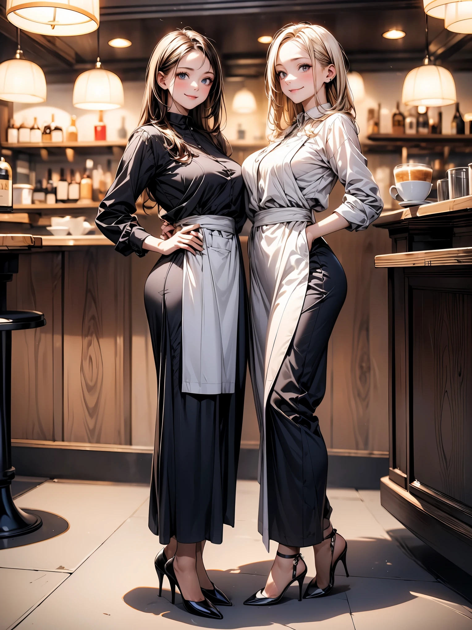 (Masterpiece, great quality, high resolution) Pastry wardrobe, full body, tight black pants, navy blue chef's jacket very very tight, brown hair with a bun, large and beautiful eyes, intense and sensual look, very large and voluptuous hips, big legs, sensual posture, luxurious pastry atmosphere, dreamy.