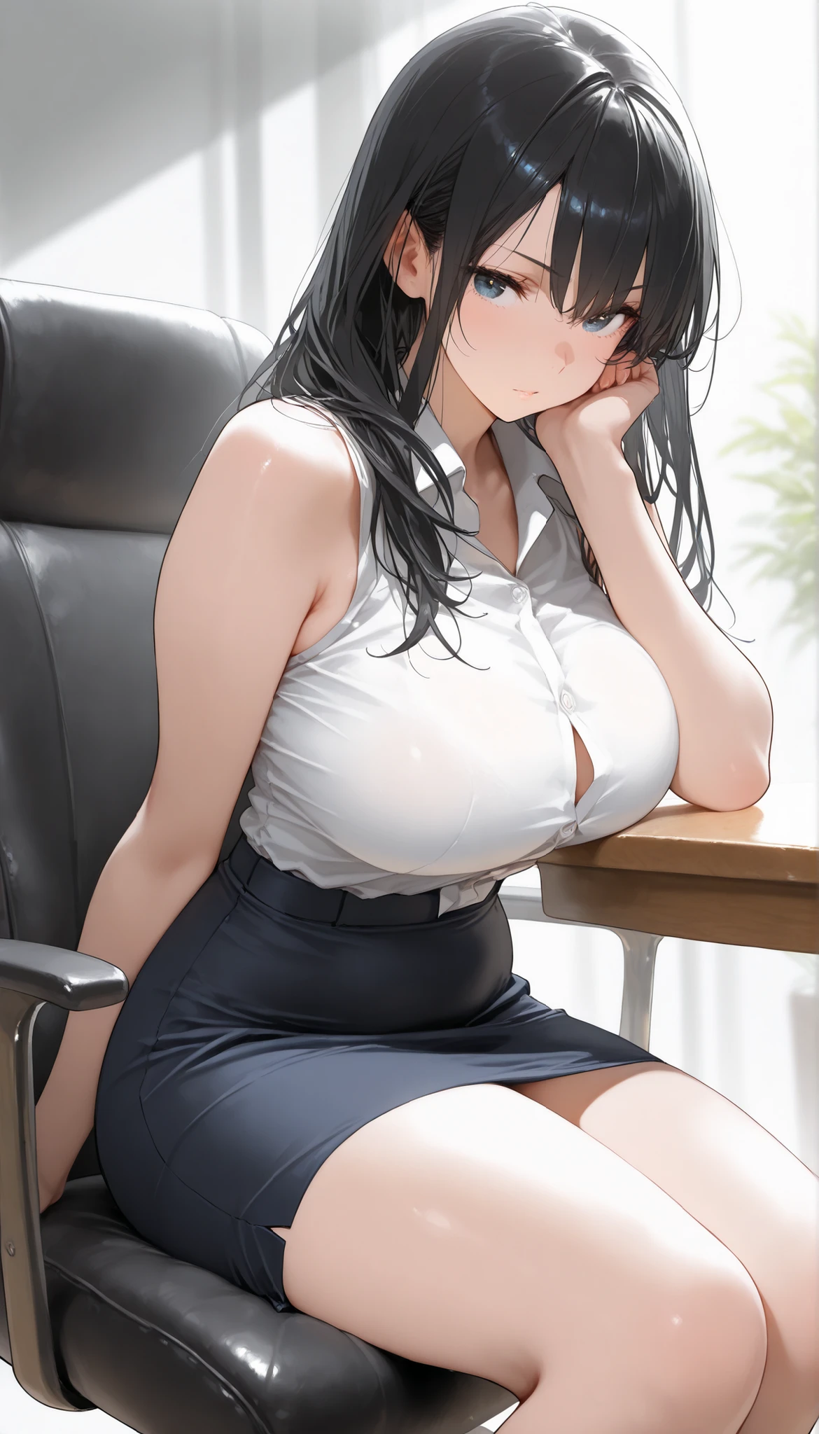 1girl, long haired, half asymetric hair, cute, stain lipstick, long eyelashes, primer, cream eyeline, ((big breasts)), cute, beautiful, realistic style, highly detailed, 4k, embarrassed expression, (((((full-body))))), ((golden ratio, center frame)), (((RISA))), face in center of picture, ((full body)), wide hips, inflated legs, thick thighs, ((detailed face))))), 4k, cute, slutty, sensual, seductive look, seductive, ((white business shirt, top button open, ((short black ring skirt)), black office pumps), (sitting in modern steel office), computers in background, glass-conference table, light coming in through wall windows, full glass , new york skyline in background, office glass partitions, office windows, bright white lighting, ((situational image, typing on computer)), wide perspective, every day, stock image style, (((((sitting on office chair with spread legs))))), side perspective, no panties under the skirt, frontal view, pussy, no penties