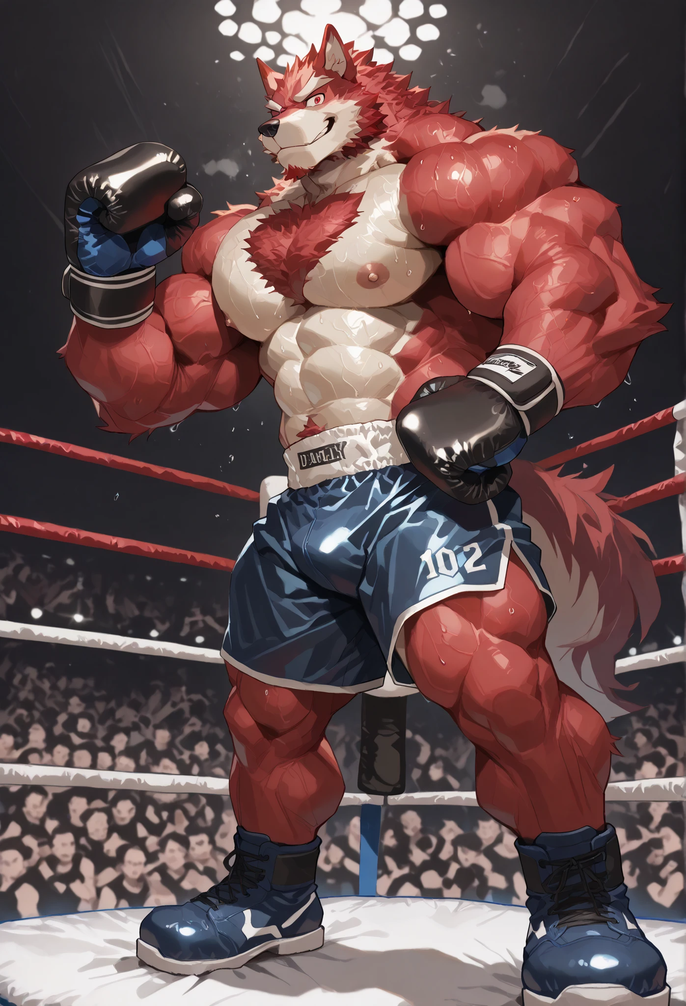 4K, masterpiece quality, pov_boxing, Looking down on the losers, black boxing shoes, dark navy boxing gloves, navy black boxing shorts with gold side lines, bulge, full body, depth of field, boxing, proudly pose, hands on hips and one arm raised pose, boxing ring background at midnight, diederich olsen, wolf heavywait boxing champion, gay, furry male, red fur, red eyes, red public hair, bulging heavy muscular, thick veiny arms, carmly looking down on loser, carmly expression, proudly smile, bedroom eyes, large pectorals, sweaty body, Angle of the loser looking up from directly below,