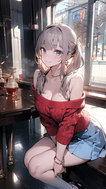 (((Masterpiece))),(((Super Detail))),(((in 8K))),(((best composition))),(((Rim lighting,Fireglow effect,deep shadow))),solo),Beautiful fingers,Detailed finger features,(Detailed hair features:1.7),(Dynamic and sexy bending pose:1.3),detailed facial features,detailed clothes features, (perky chest:1.1), (pointed chest:1.3), delicate beautiful face, Bright blue eyes, cute eyes, sparkling eyes, Big eyes, beautiful detailed eyes,double bun with glittering hair ornament:0.6,(super detailed glossy skin:1.3),slender body,goddess smile,((with sparkling eyes and a contagious smile)),beautiful posture,have a cup of coffee,black hair, red eyes, dress, bare shoulders, jewelry, collarbone, sidelocks, hairband, earrings, indoors, off shoulder, sweater, arms behind back, plant, short hair with long locks, white hairband, off-shoulder dress, sweater dress, off-shoulder sweater, red sweater, big side hair, very long side hair,(super delicate floral pattern:1.2),seductive cleavage:1.3,beautiful glossy legs,shiny red high heels,lifting dishes with cakesd,french restaurant,hustle and bustle,rising steam,(((depth of fields)))