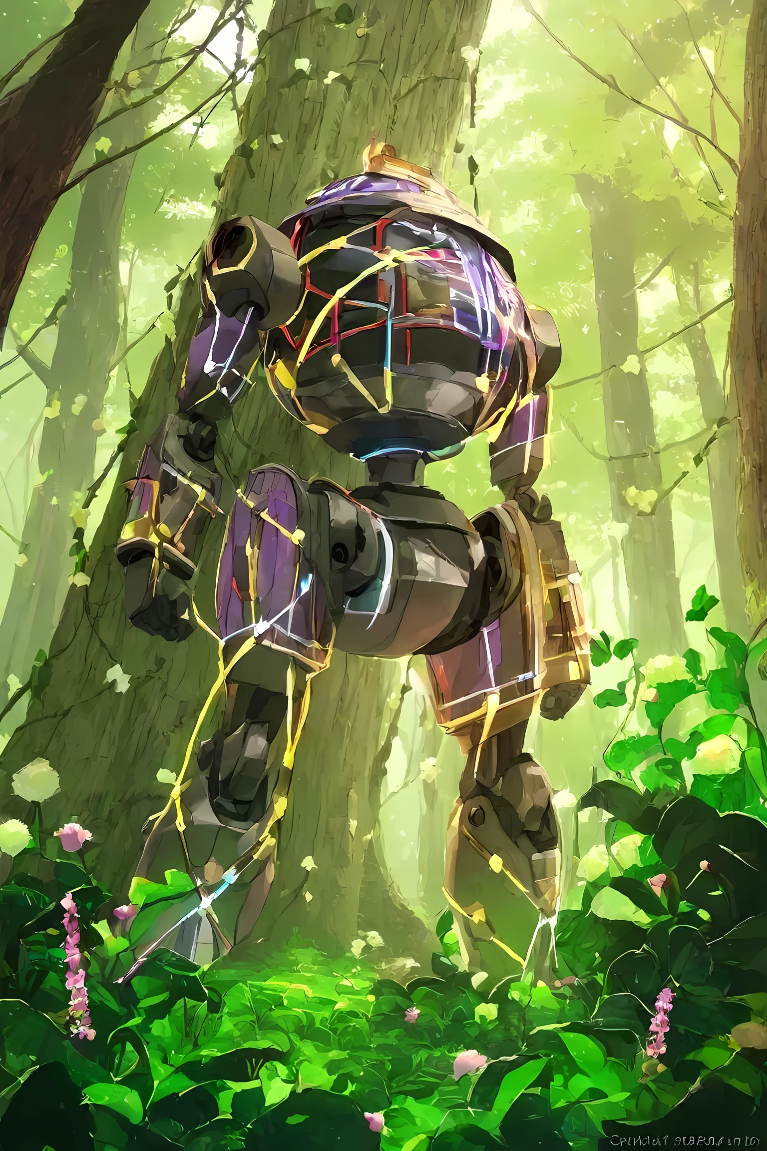 robot, circuitry, on forest floor, tree canopy above casts shadows、 flower, green plants, hexagonal joints,tangled wires,(black eyes:0.5)