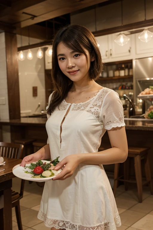 highest quality, Pieces fly, Realistic, High resolution, 8k　RAW Photos,alone, One girl, 30 years old、Washing dishes in the kitchen、smile、blouse、skirt、Japanese Kitchen、slipper
