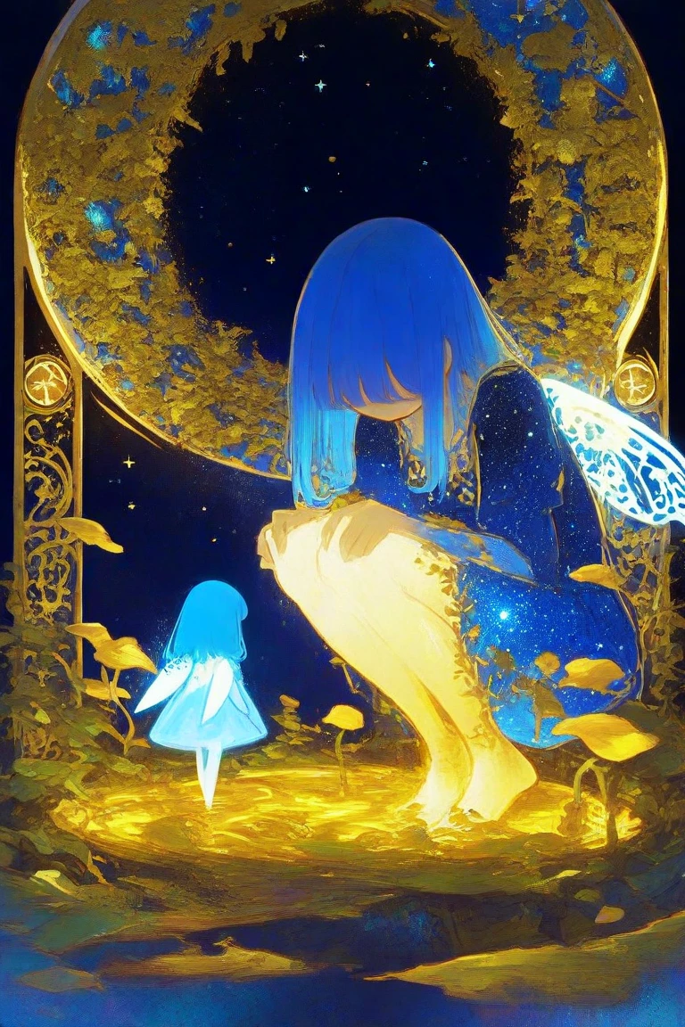 Whimsical illustrations depicting glowing fairies drawn on a dark blue background,I'm wearing a galaxy dress, Delicate golden accents in flowing blue hair, A pair of mysterious wings that shine in a golden color similar to leaves and vines,The wings are very big,Overall, the atmosphere is ethereal and dreamy,The fairy girl is crouching down while holding her knees,妖精は小さな発光浮遊生物やお化け👻などの神秘的な要素に囲まれている,flower, And the stars, golden glow ,The dark background creates a contrast that highlights the vivid colors and brilliance scattered throughout the scene,evokes a sense of magic and wonder,Dreamy psychedelic anime, Anime Art Nouveau, space display , animated film, Mysterious still images,bare feet