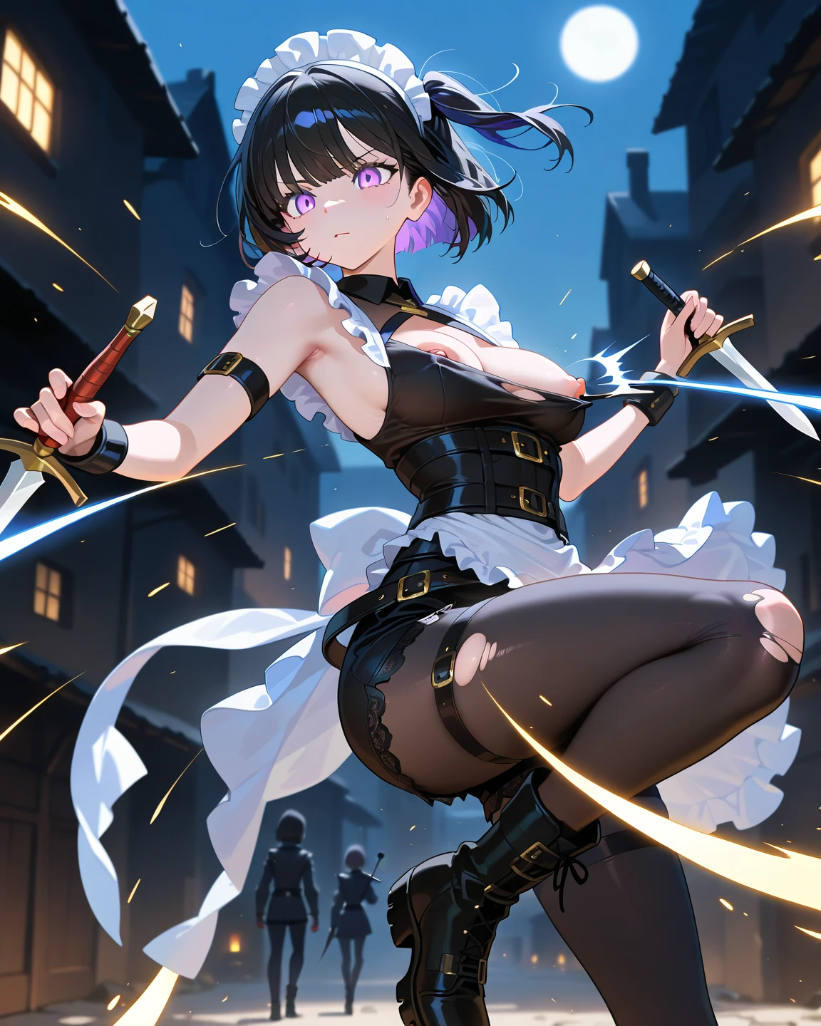 (The highest quality、8K、masutepiece)) ((( White atelier sleeveless))) (((Black short hair )))++ cat ear, Anime characters with black hair and dark eyes、anime visual of a young woman、Serious facial expressions, serious look, today's featured anime still、Official Art、Animated videos of cute girls、Popular Isekai anime、tsuaii、Marisa Drizzle、animated film、During the night Moonlit night, Outdoor background, Martial Arts Moves, Athletic pose